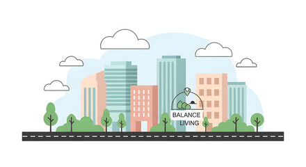 Fototapeta premium Modern flat illustration of sustainable urban community featuring eco-friendly buildings, green transportation, and healthy city lifestyle concepts. 