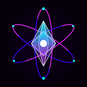 Abstract neon quantum physics symbol with geometric crystal and orbits.