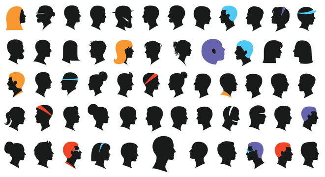 Grid of many diverse male and female profile silhouettes in black with occasional colorful accents in hair.