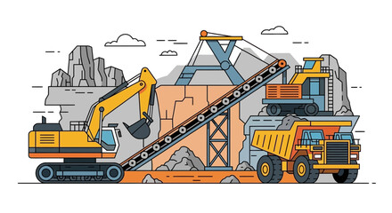 Excavator, conveyor belt, and dump truck working in a quarry, industrial illustration. © Arana