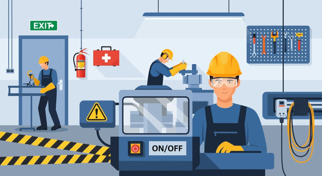 Factory workers operating machinery in a modern industrial workshop with safety equipment.