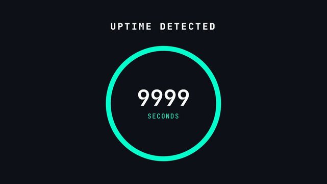 Digital interface displaying 'UPTIME DETECTED' with a bright teal circular gauge showing '9999 SECONDS' on a dark background, representing continuous system operation and monitoring