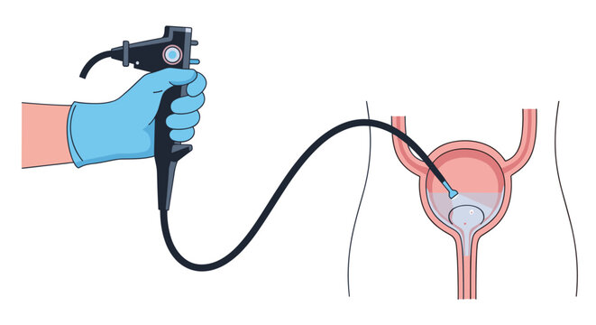 Medical illustration of a doctor performing a bladder examination using an endoscope on a human patient diagram.