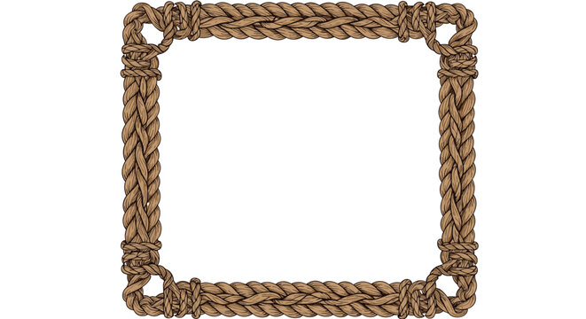 Square frame made of thick brown braided rope with decorative knots at each corner isolated on a plain white background.