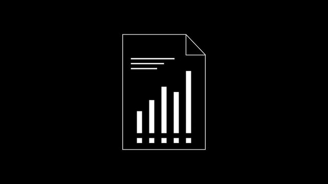 Business report and financial bar chart document. Document page with horizontal lines of text and a vertical bar chart in the folded top right corner. 2D animation with alpha channel 4K resolution.