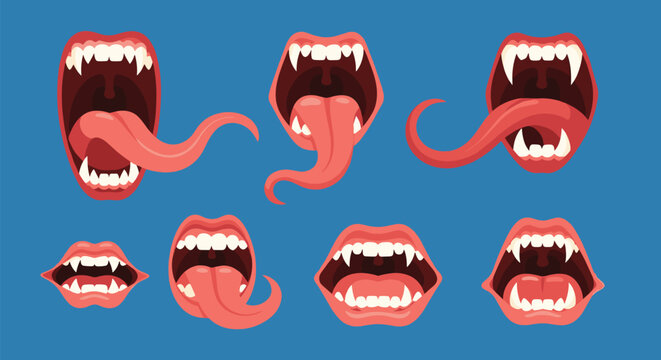 Collection of various monster or vampire mouths with sharp fangs and long pointed tongues on a solid blue background.