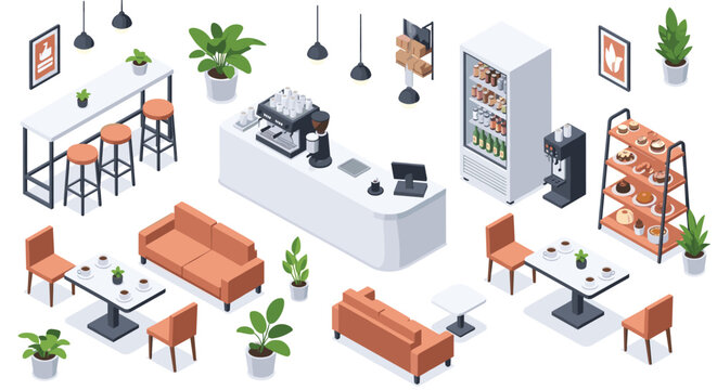 Isometric view of a modern cafe interior layout with coffee machines, seating areas, display cases, and indoor plants.