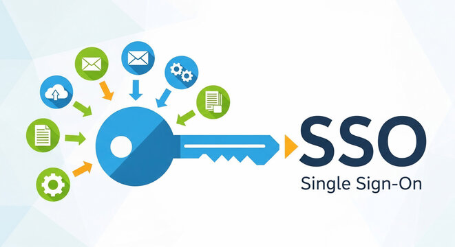 Single Sign-On (SSO) System for Digital Access Management and Cybersecurity with Key Illustration