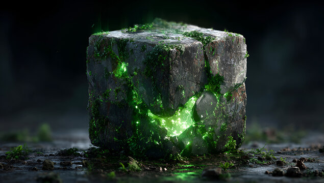 A stone cube, embedded with glowing green energy, rests on wet ground with hints of fog, moss growing on its sides