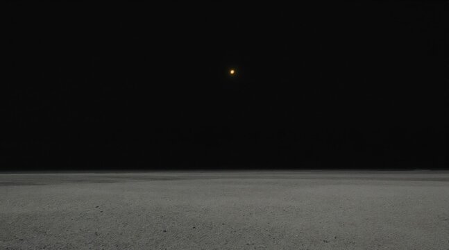 Vast blackness contains one tiny bright light. Barren ground stretches to horizon under deep night sky. Infinite void feels calm empty quiet.