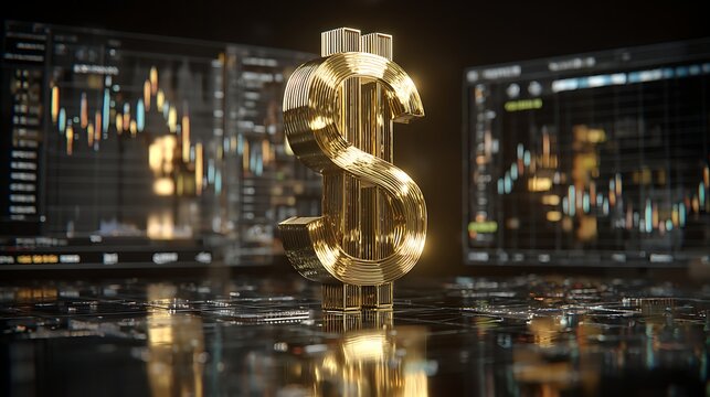 3D Gold Dollar Symbol on Chart / 金融チャート背景の3Dゴールドドル記号