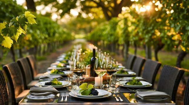 Vineyard long table dinner party at sunset