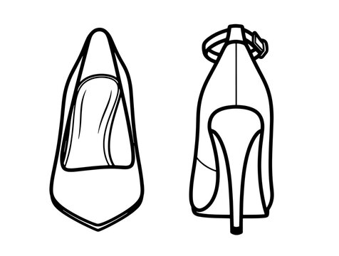 High heels pumps line art vector illustration. Technical sketch  with front and back views