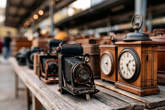 Antique camera and vintage clocks on wooden table