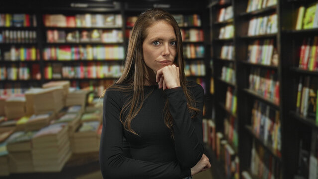 Woman hand on chin among books in library building near shelves and stacks; thoughtful study reflection.