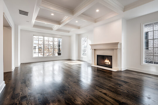 A spacious, bright room with dark wood floors, coffered ceiling, fireplace, and large windows. Natural light streams in
