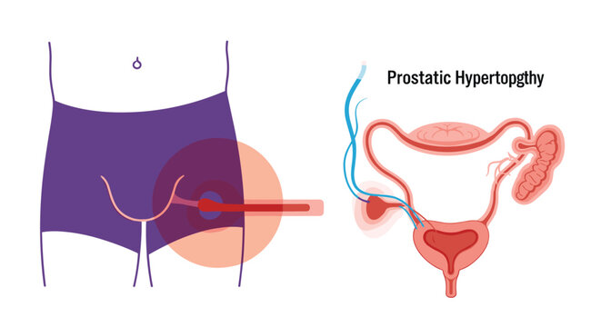 Medical illustration showing prostatic hypertrophy with a detailed view of the male reproductive and urinary systems.