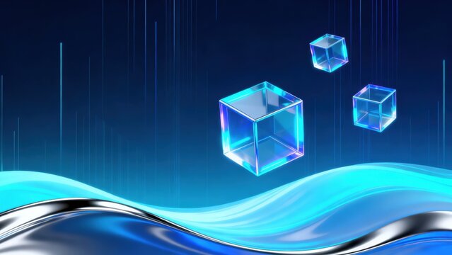 Floating glass cubes in blue wave