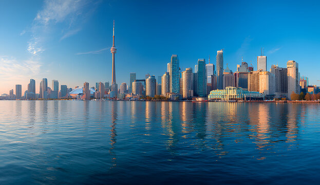 A scenic panoramic view of a modern cityscape skyline reflecting on calm, blue water under a clear, dawn sky