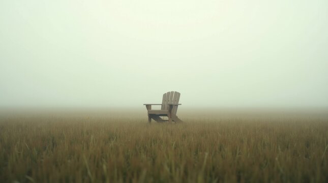 Silla de madera solitaria colocada en medio de un campo de hierba alta silvestre, niebla matutina, composici&oacute;n minimalista