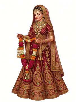 Traditional Indian Bride Holding Varmala in Ornate Hindu Wedding Attire