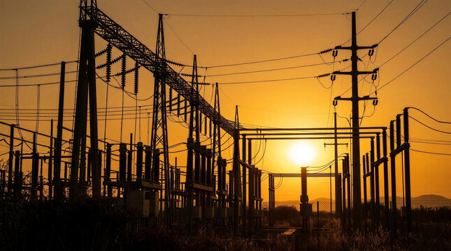 High Voltage Electrical Power Station During Sunset