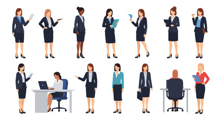 Obraz premium Set of various business women characters in different poses such as standing, working at a desk, and holding folders.