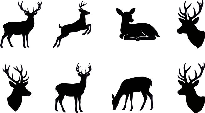 Deer silhouettes showcase various poses and angles on a plain background