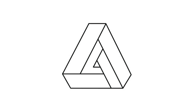 Simple line drawing of a Penrose triangle which is an impossible object and optical illusion isolated on white background.
