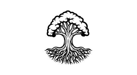 Fototapeta premium Stylized monochrome illustration of a tree, encompassing both roots and a full crown of leaves