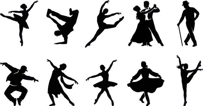 Dancers perform various ballet poses in a studio setting with vector graphics