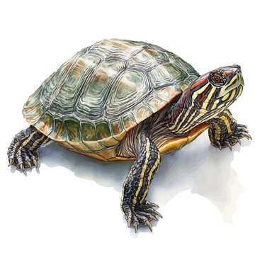 Red-eared Slider Turtle, soft hand-painted watercolor illustration, isolated on a white background.