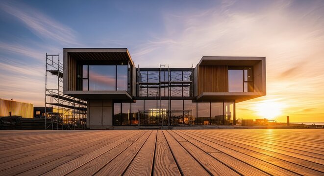 A modern house under construction viewed from a wooden deck during sunset, representing growth and innovation in residential architecture, sunset, future, deck