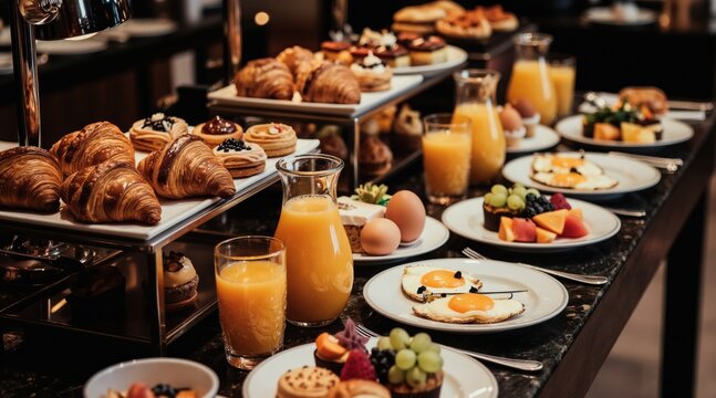 Luxury hotel buffet offers fresh pastries croissants eggs juice fruit tarts. Elegant morning meal spread for guests. Variety of delicious breakfast items set for dining.