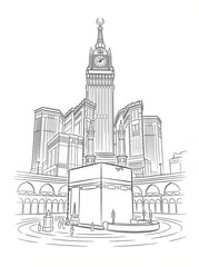 Fototapeta premium Linear Architecture Sketch of Makkah Clock Tower Looming Over the Holy Kaaba