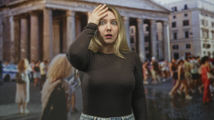 Fototapeta premium Woman holding hand to forehead, mouth open and free hand near abdomen, standing before a large classical building with crowded tourists; sudden surprise.