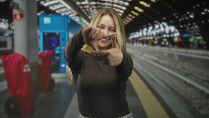 Fototapeta premium Woman framing her face with hands and smiling on a train platform inside a building; playful confidence.
