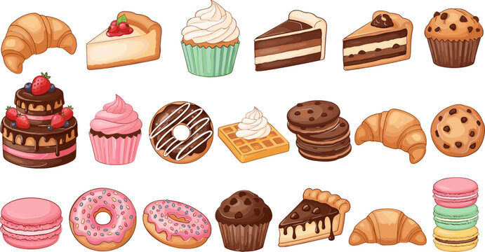 Dessert and Pastry Icon Set with Cakes, Croissants, Donuts, and Cupcakes for Sweet, Bakery, and Culinary Illustrations