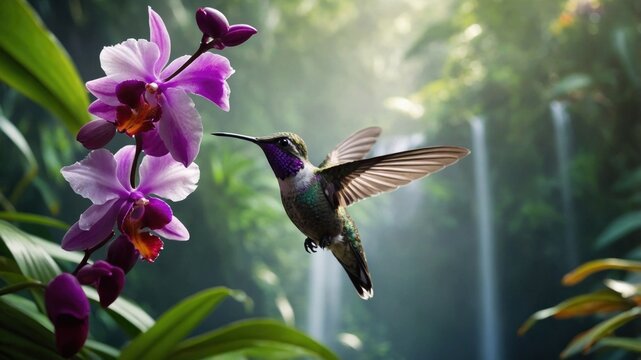 Vibrant hummingbird hovering near a blooming orchid in a lush tropical rainforest with waterfalls