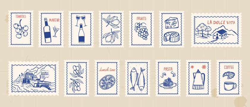 Vintage Italy postcard frame with summer vibes. Hand-drawn Mediterranean elements including lemons, seafood, and beach motifs in retro postage stamp style for cards