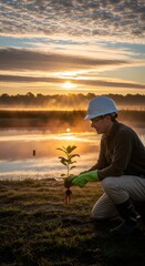 Fototapeta premium Man in hard hat and gloves planting a young tree near water at sunrise. Reforestation ecology project concept. Environmental conservation for Earth Day.