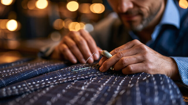 A broad-shouldered tailor in a dimly lit bespoke atelier stitches a buttonhole by hand on a midnight-blue suit jacket, thimble gleaming, thread taut, perfect for bespoke suit tailoring, luxury craft
