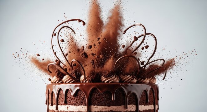 A rich double chocolate cake dramatically exploding with a cloud of dark cocoa powder, flying crumbs, and delicious melting ganache swirls, sweet, ingredients, dynamic