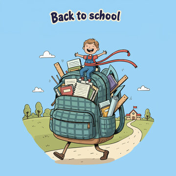 A backpack full of books, notebooks, pens, rulers, pencil cases and anything else carries a happy child to school.