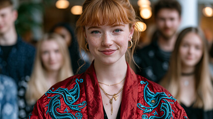 Fototapeta premium A fashion school student presents her finished embroidered jacket at a student showcase, audience of peers visible, nervous excited expression, ideal for fashion school student work, graduate showca