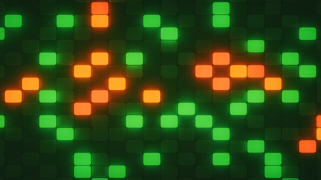 Close-up of glowing green and orange dots forming a pattern with luminous dots