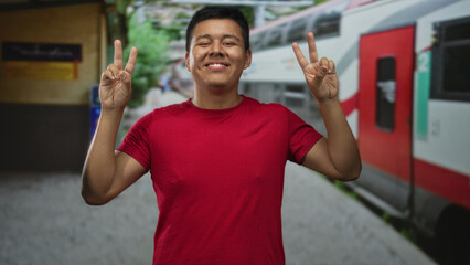 Fototapeta premium Hispanic man smiling and flashing peace signs with both hands in a train station building wearing a red shirt and standing by the platform; joy travel optimism.