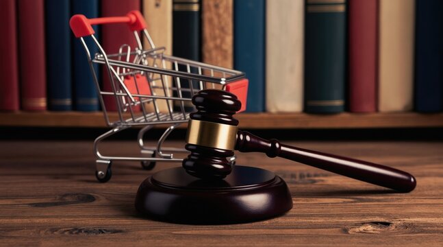 Gavel and small shopping cart sit on wooden desk before bookshelf. Symbolizes consumer law and legal rights for shoppers, purchase disputes, and retail justice.
