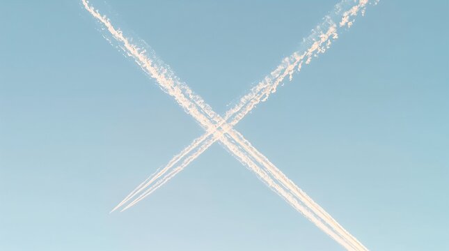 Crossing contrails forming X pattern in clear blue sky aviation concept