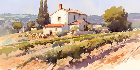 Obraz premium Watercolor illustration of a Mediterranean farmhouse above a vineyard. Traditional white building with red roof and stone wall on a hillside